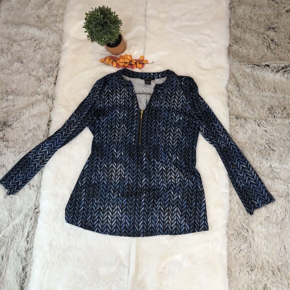 Robert Louis Long Sleeve Top Blouse V Neck Womens Small Blue Black - Picture 5 of 14